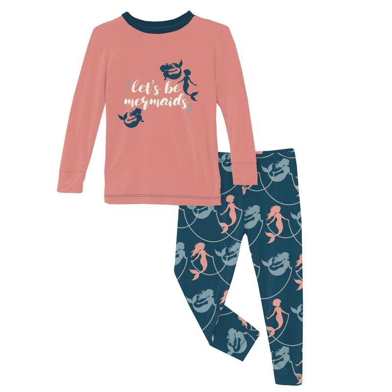Bamboo Long Sleeve Graphic Tee Pajama Set - Peacock Mermaids & Pearls