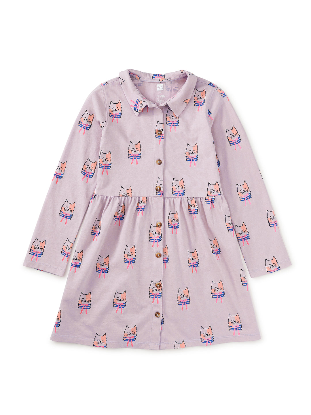 Bow Tie Cats Collared Long Sleeve Shirtdress