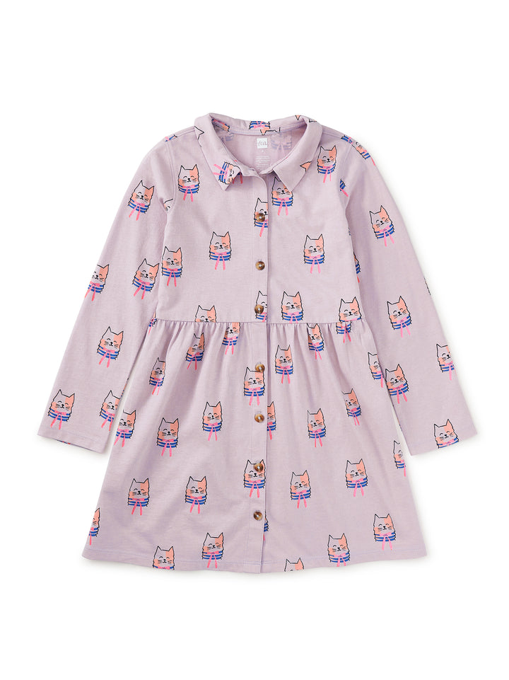 Bow Tie Cats Collared Long Sleeve Shirtdress