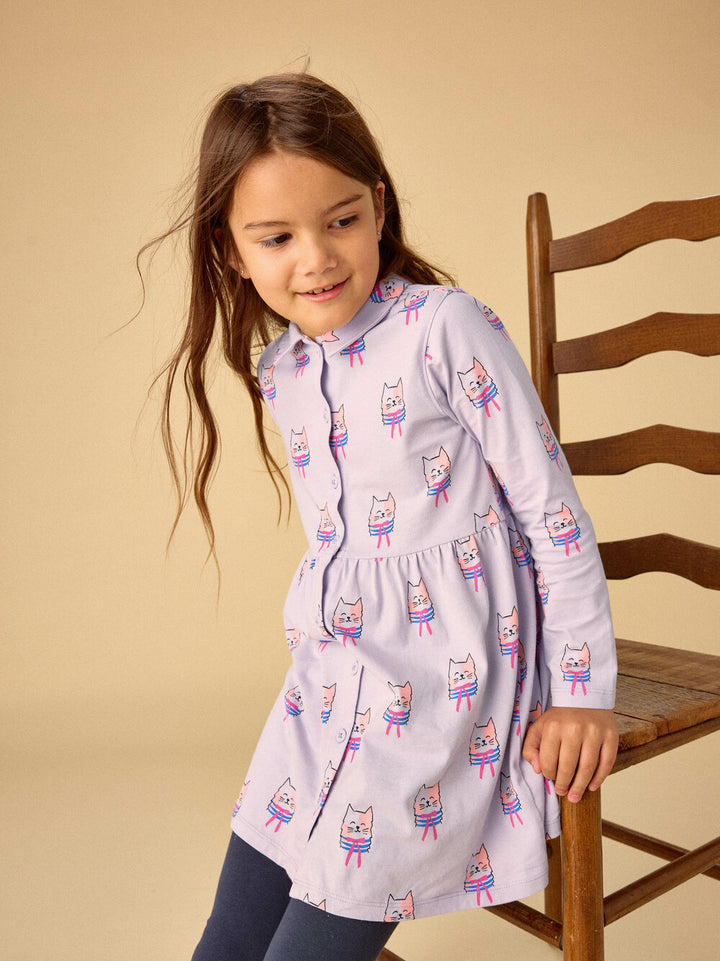 Bow Tie Cats Collared Long Sleeve Shirtdress