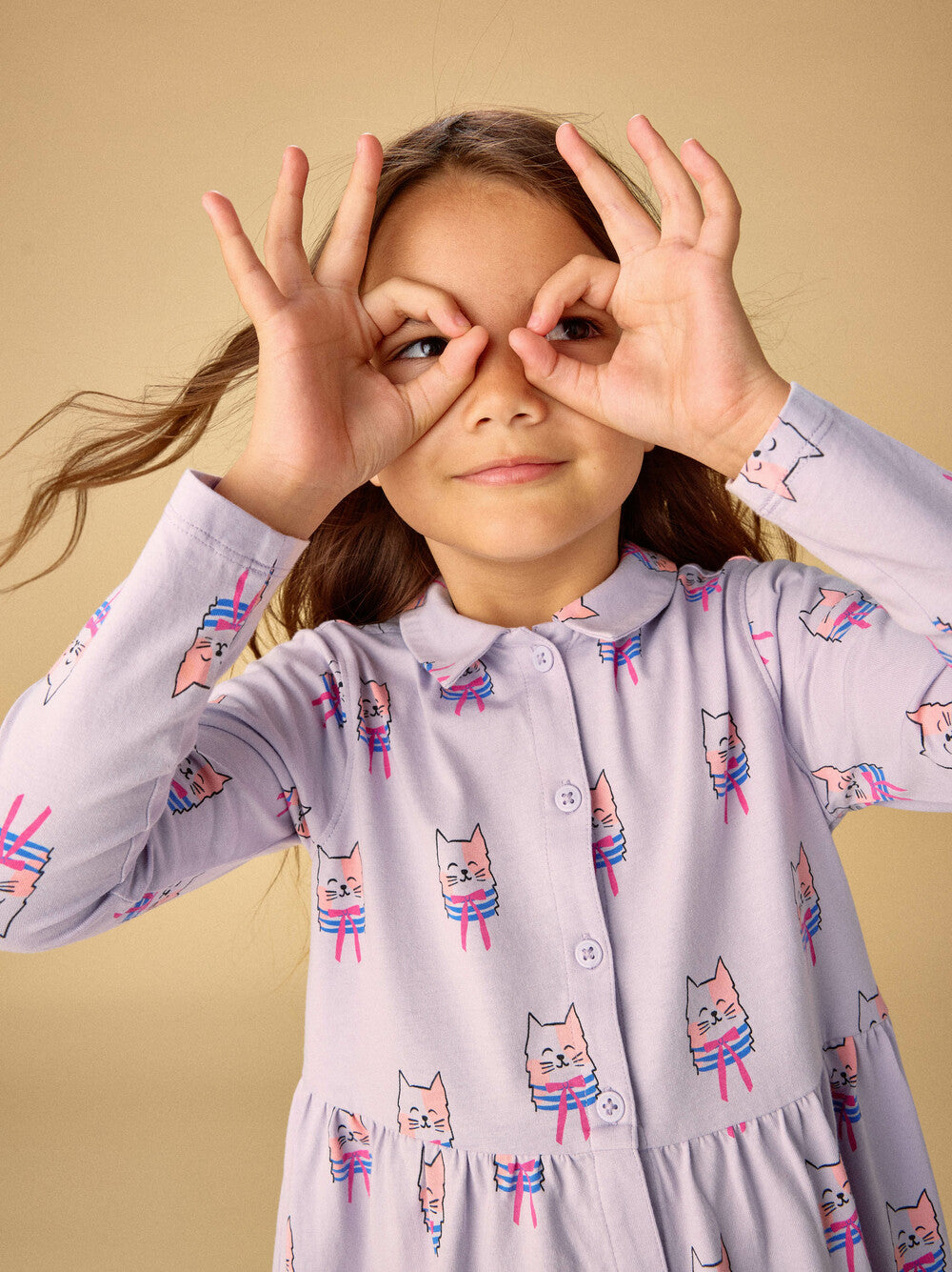 Bow Tie Cats Collared Long Sleeve Shirtdress