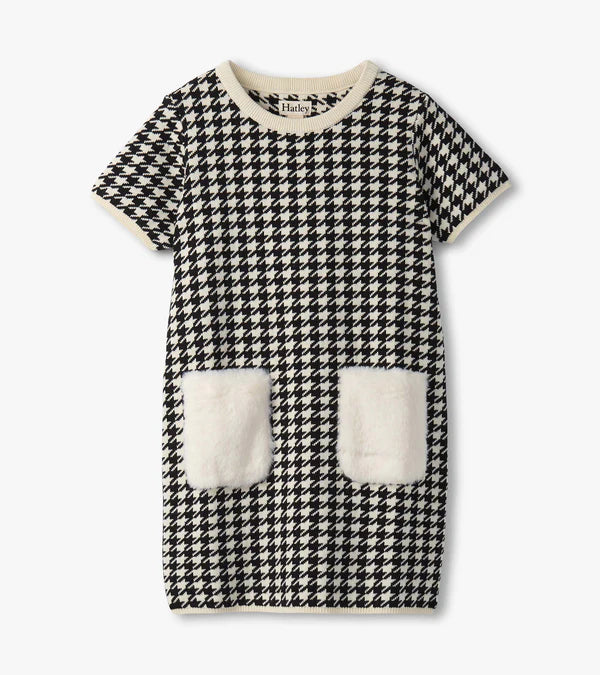 Houndstooth Sweater Dress With Faux Fur Pockets