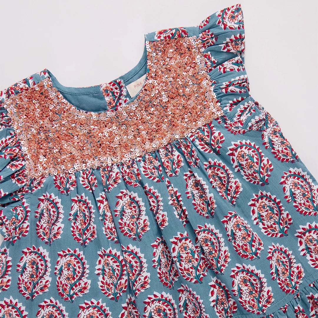 Fiona Ruffle Dress Blue Paisley