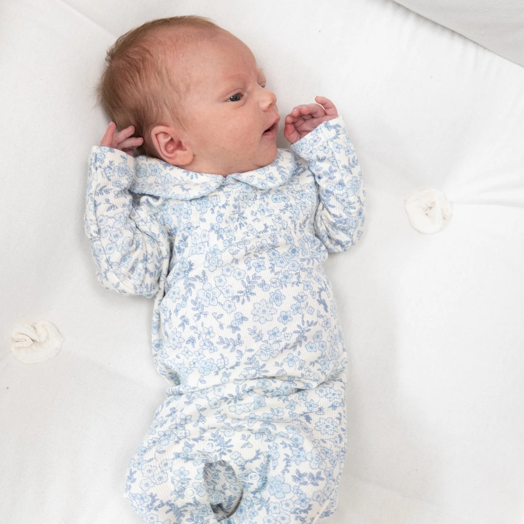 Blue Calico Floral Smocked Peter Pan Footie