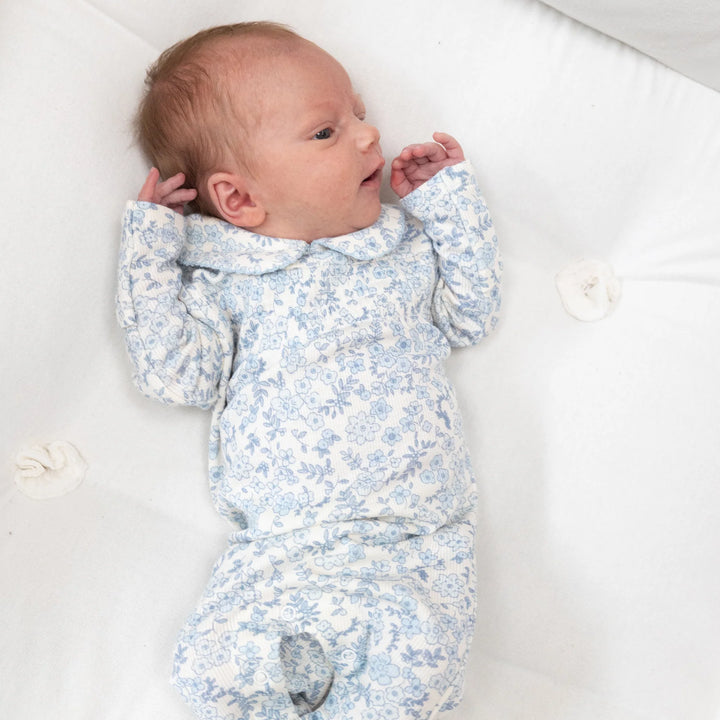 Blue Calico Floral Smocked Peter Pan Footie