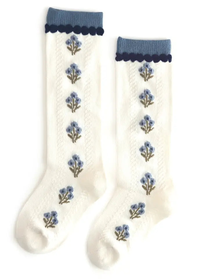 Ivory/Denim Floral Knee High Socks