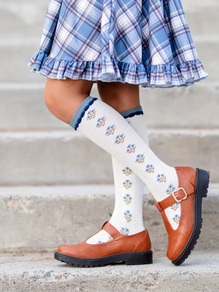 Ivory/Denim Floral Knee High Socks