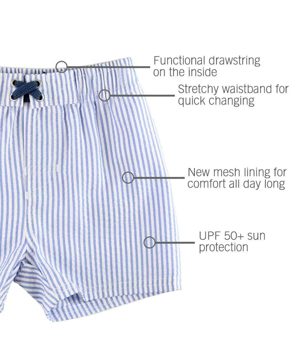 Periwinkle Seersucker Swim Trunks