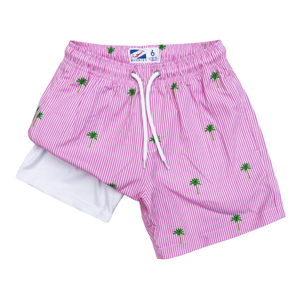 Pink Palm Stripes Bermies Swim Trunks