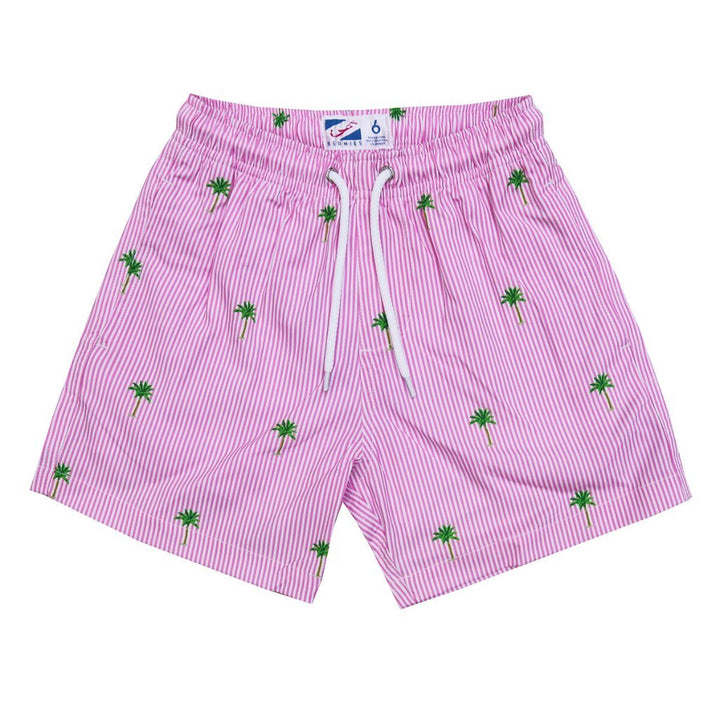 Pink Palm Stripes Bermies Swim Trunks