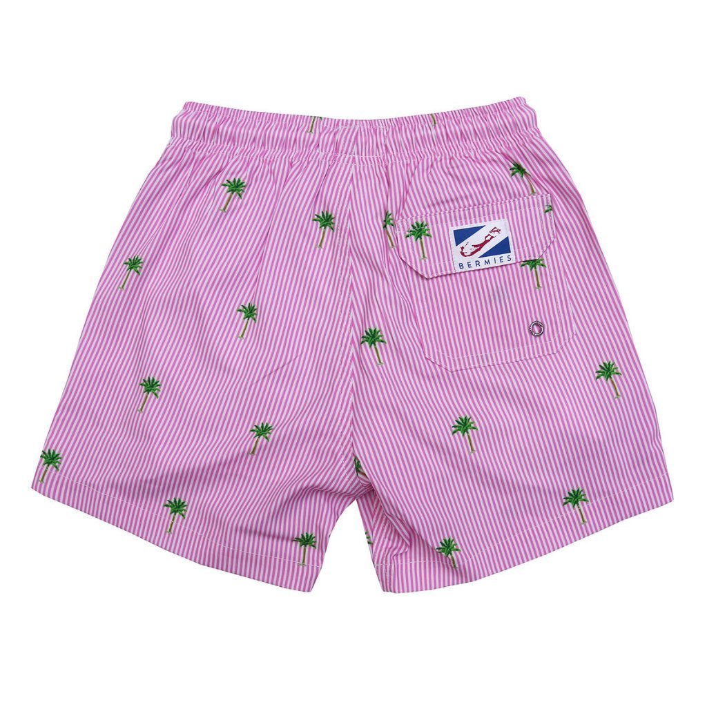 Pink Palm Stripes Bermies Swim Trunks