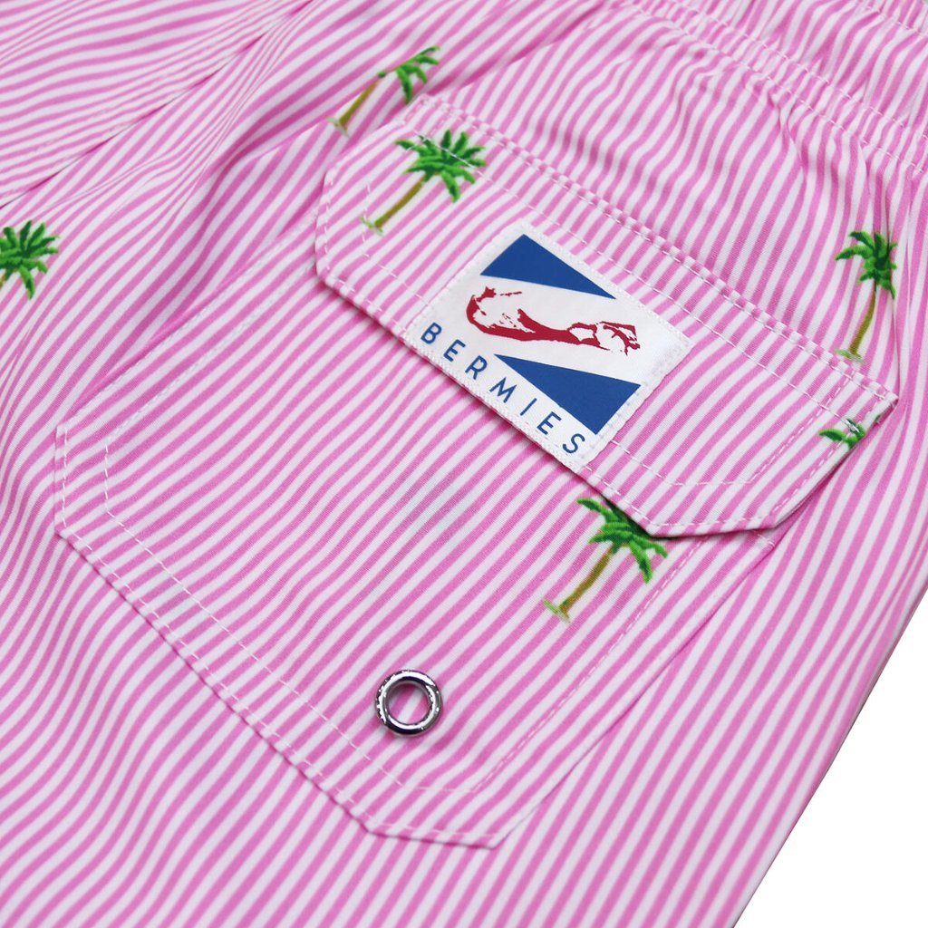 Pink Palm Stripes Bermies Swim Trunks