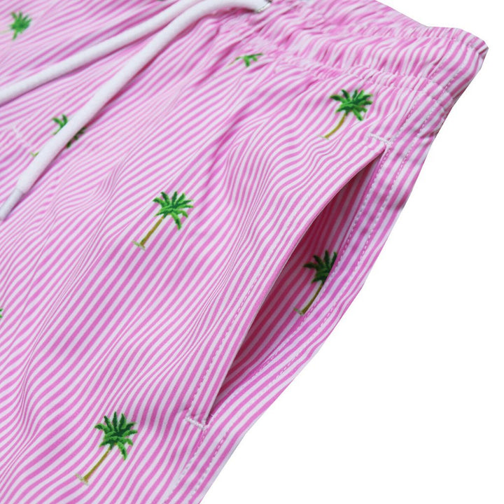 Pink Palm Stripes Bermies Swim Trunks