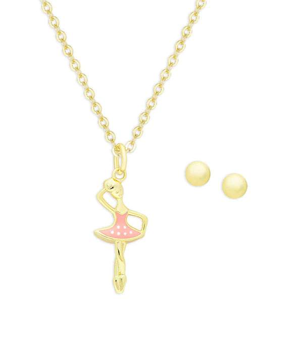 Ballerina Pendant & Ball Stud Earrings Set in 18K Gold over Sterling Silver