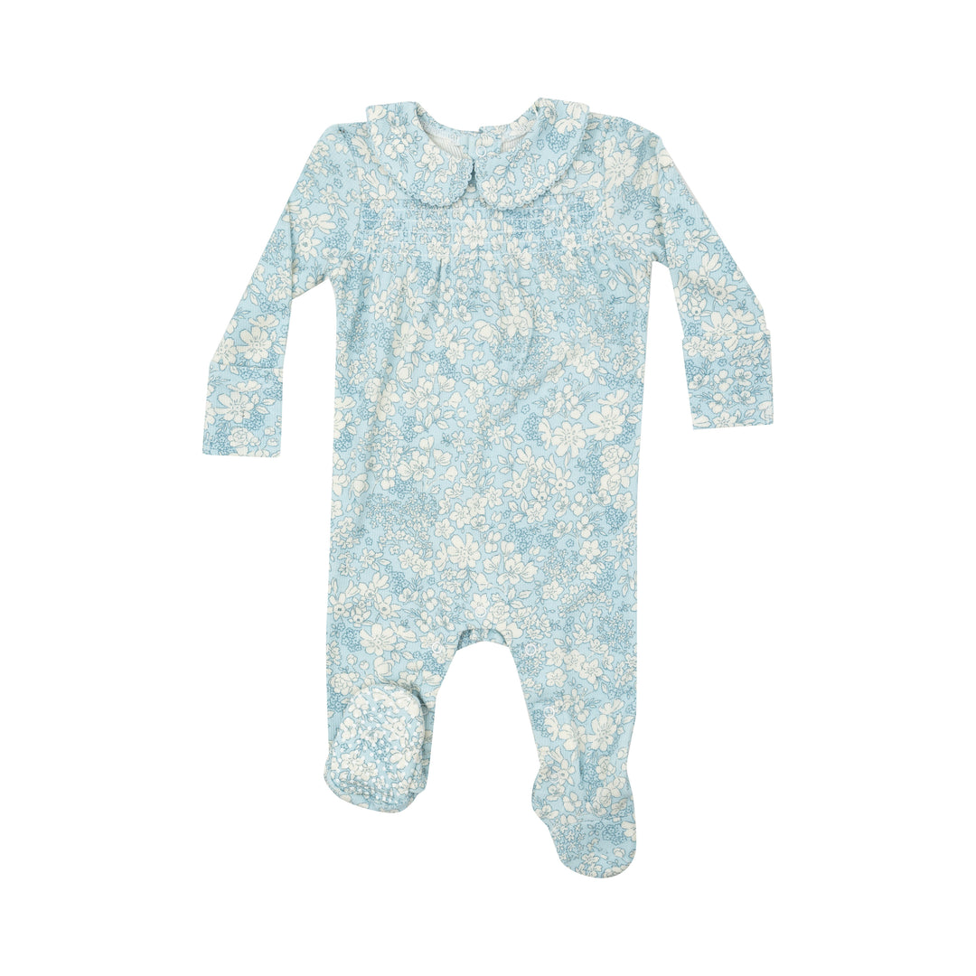 Ribbed Blue Meadow Floral - Smocked Peter Pan Footie