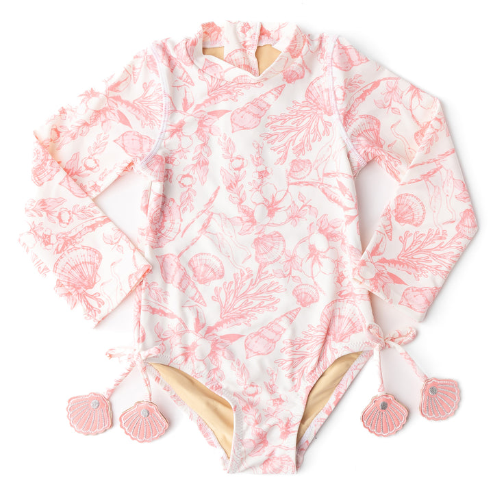 Seaside Toile Girls Long Sleeve Swimsuit Set