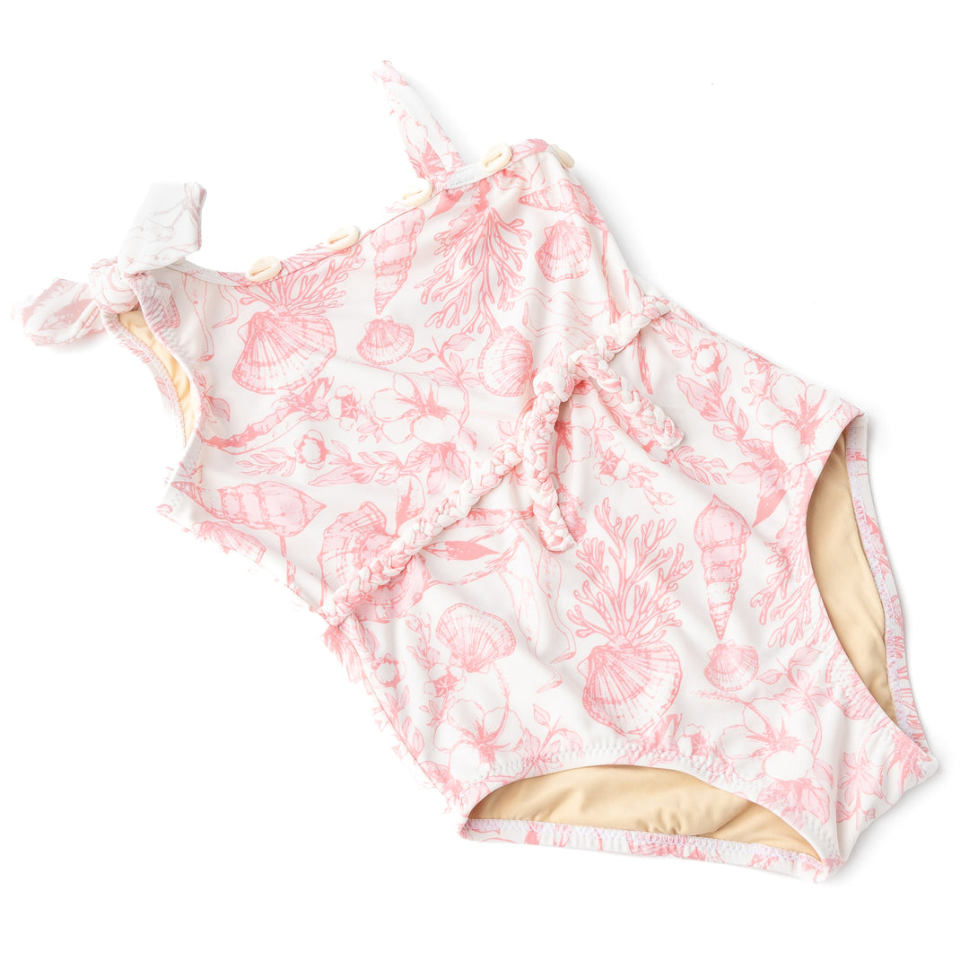 Seaside Toile Girls Shell One Shoulder Swimsuit