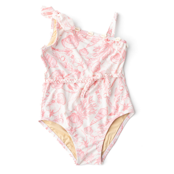 Seaside Toile Girls Shell One Shoulder Swimsuit