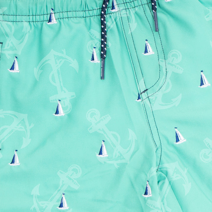 Green Sails Water Appearing Embroidered Swim Trunks