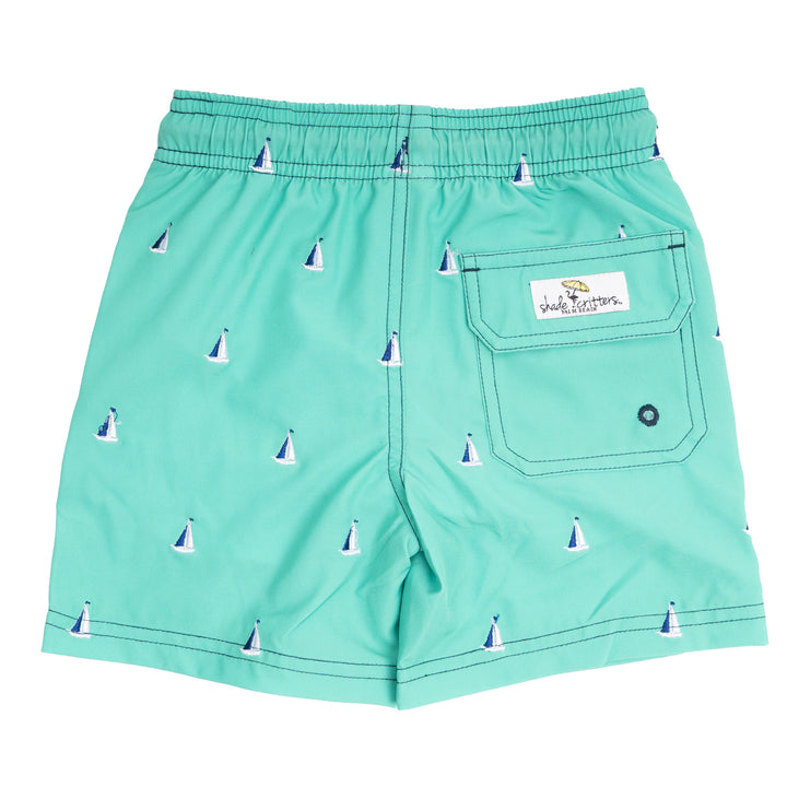 Green Sails Water Appearing Embroidered Swim Trunks