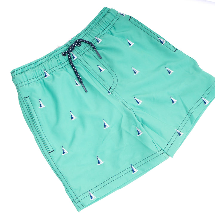 Green Sails Water Appearing Embroidered Swim Trunks