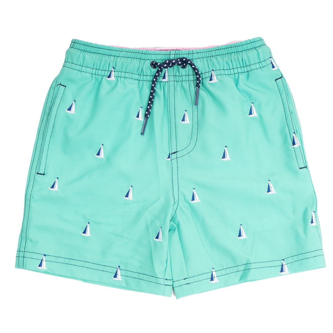 Green Sails Water Appearing Embroidered Swim Trunks