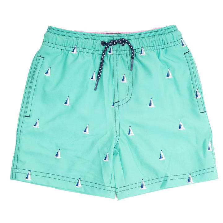 Green Sails Water Appearing Embroidered Swim Trunks