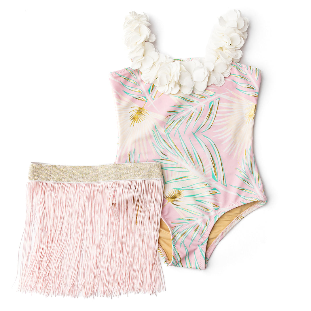 Metallic Girls Hula One Piece & Skirt Swim Set