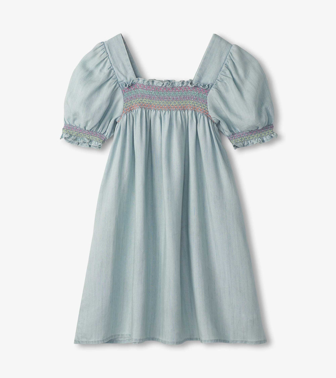 Soft Blue Denim Puff Sleeve Smocked Dress