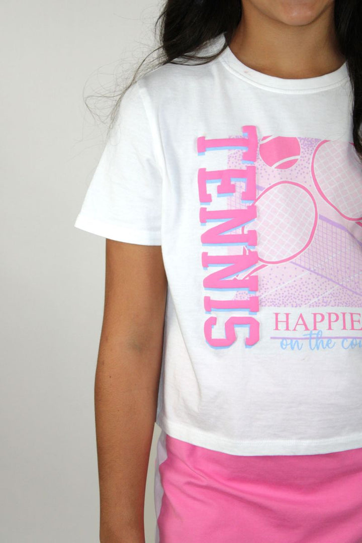 Tennis puff print happiest on the court t-shirt