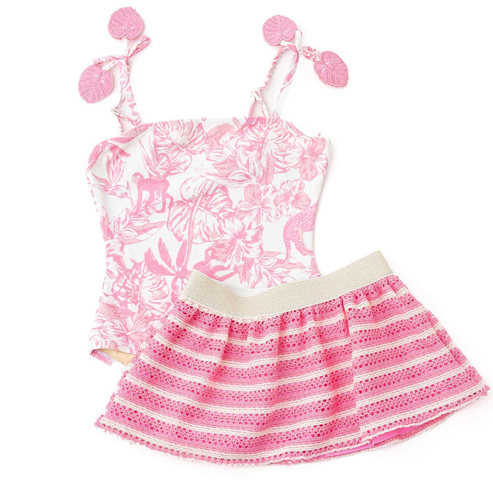 Pink Paradise One Piece Swimsuit & Crochet Skirt Set