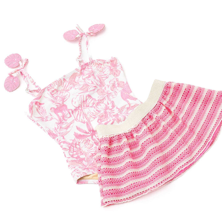 Pink Paradise One Piece Swimsuit & Crochet Skirt Set