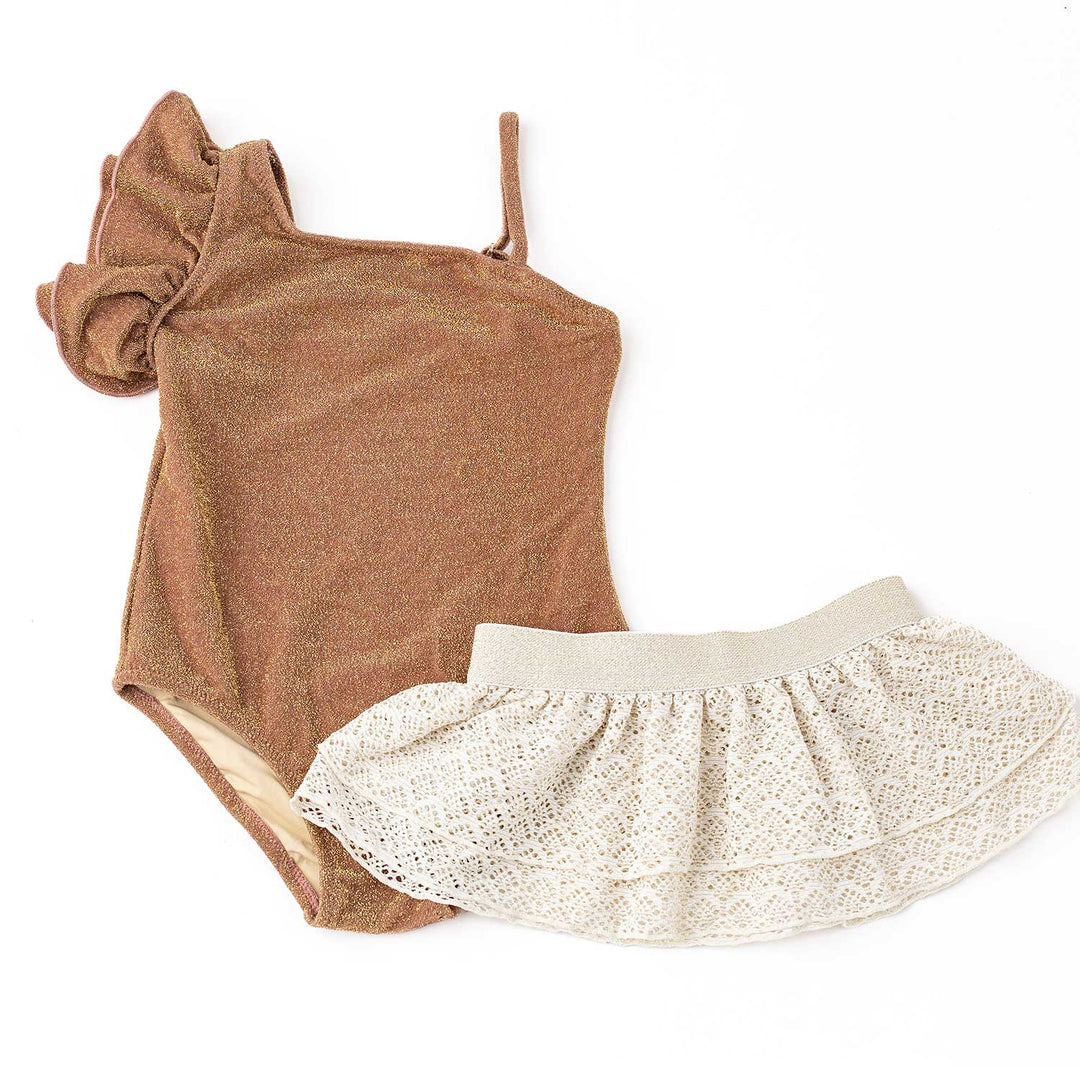Shimmer Mocha One Piece Swimsuit with Crochet Skirt Set