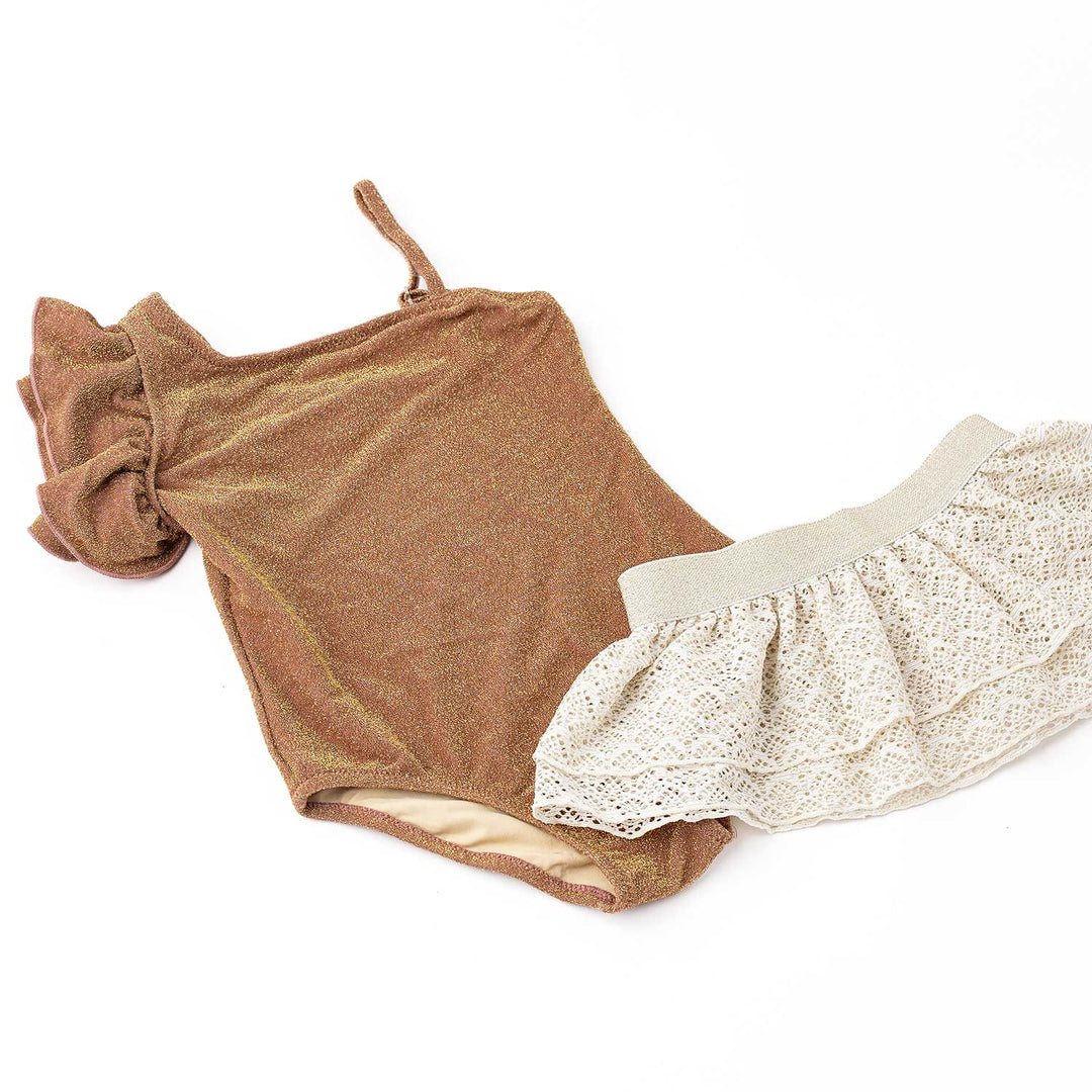 Shimmer Mocha One Piece Swimsuit with Crochet Skirt Set