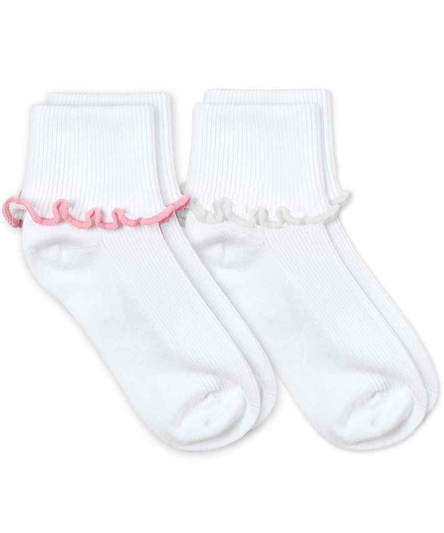 Ripple Edge Smooth Toe Turn Cuff Socks 2 Pair Pack Pink & White