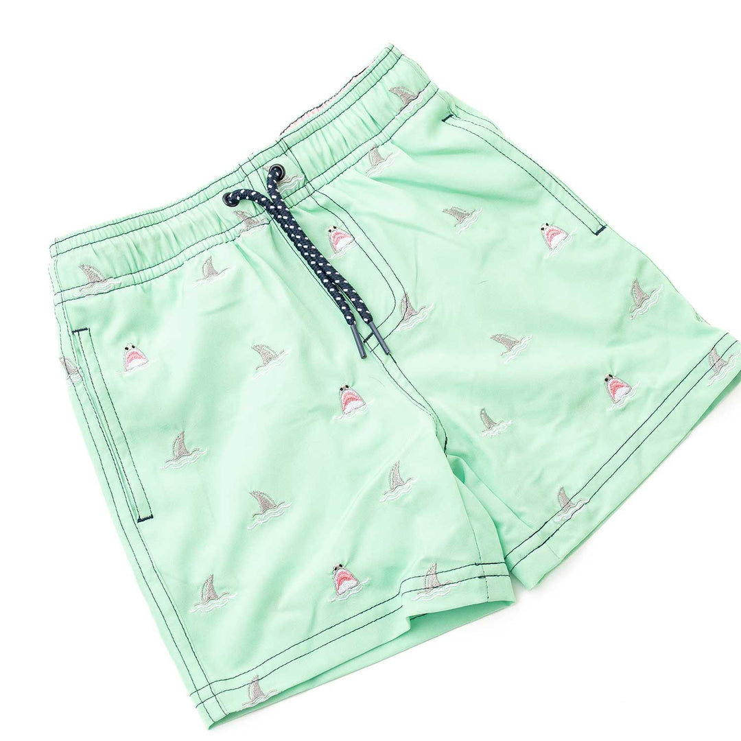 Mint Shark Icon Water Appearing Embroidered Swim Trunks