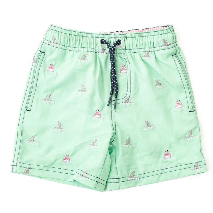 Mint Shark Icon Water Appearing Embroidered Swim Trunks