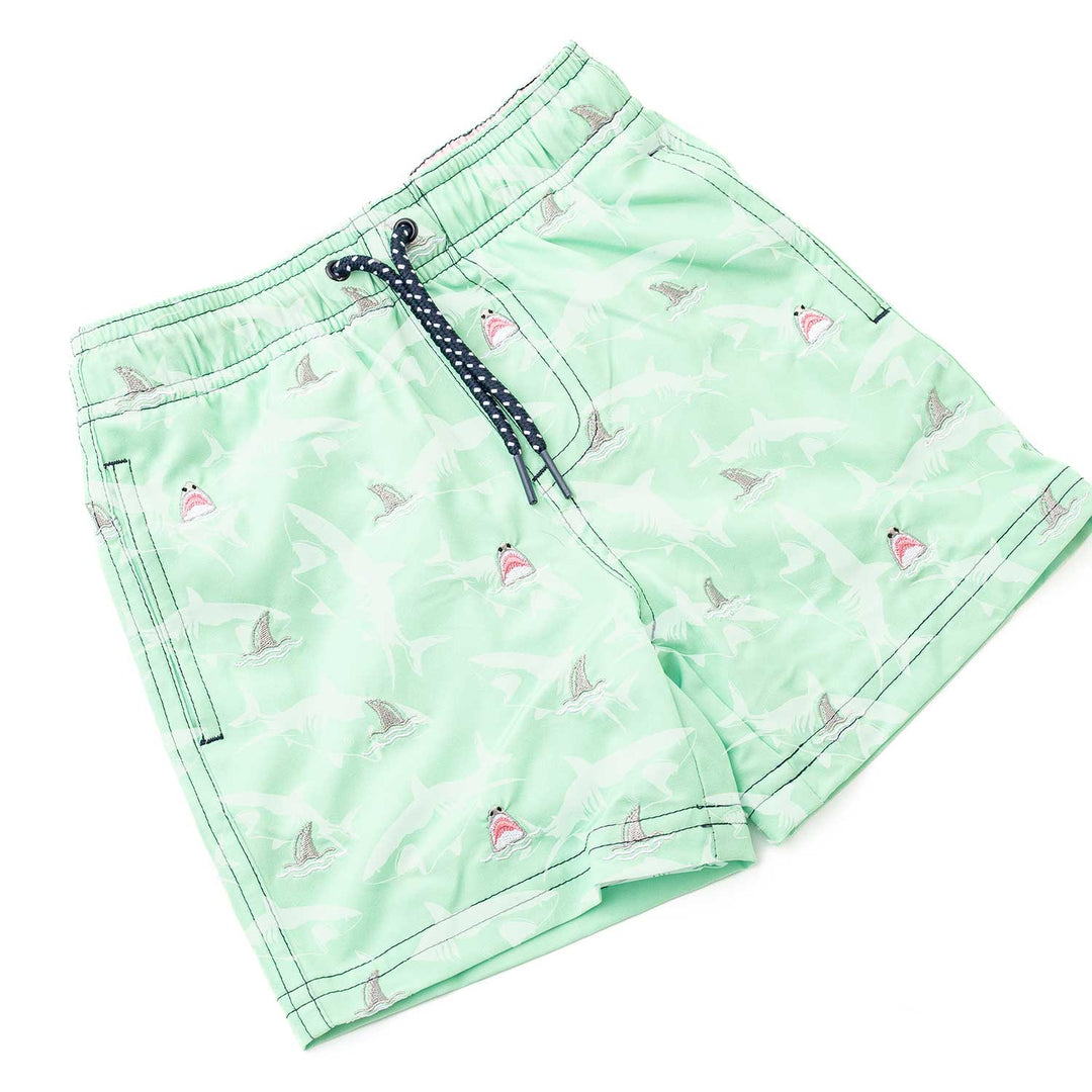 Mint Shark Icon Water Appearing Embroidered Swim Trunks