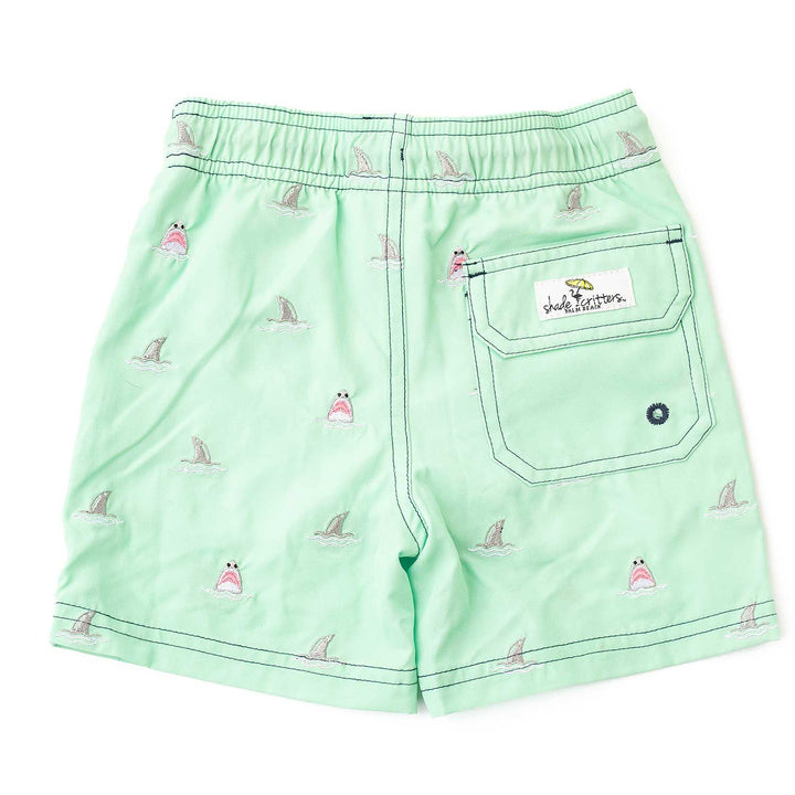 Mint Shark Icon Water Appearing Embroidered Swim Trunks