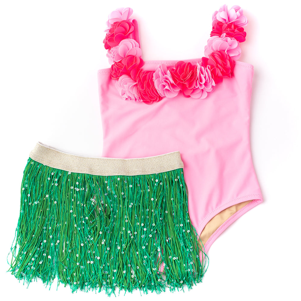 Light Pink Hula Girl Lei One Piece & Fringe Skirt Swim Set