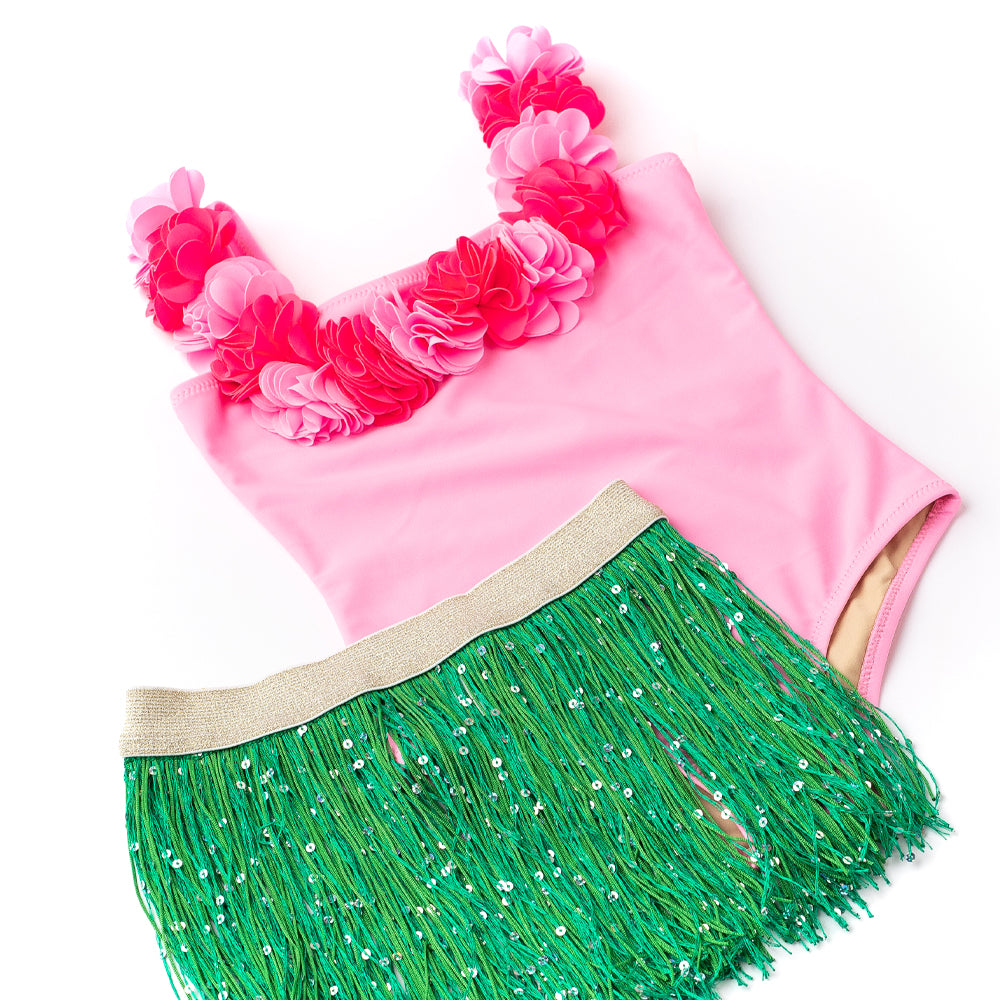 Light Pink Hula Girl Lei One Piece & Fringe Skirt Swim Set