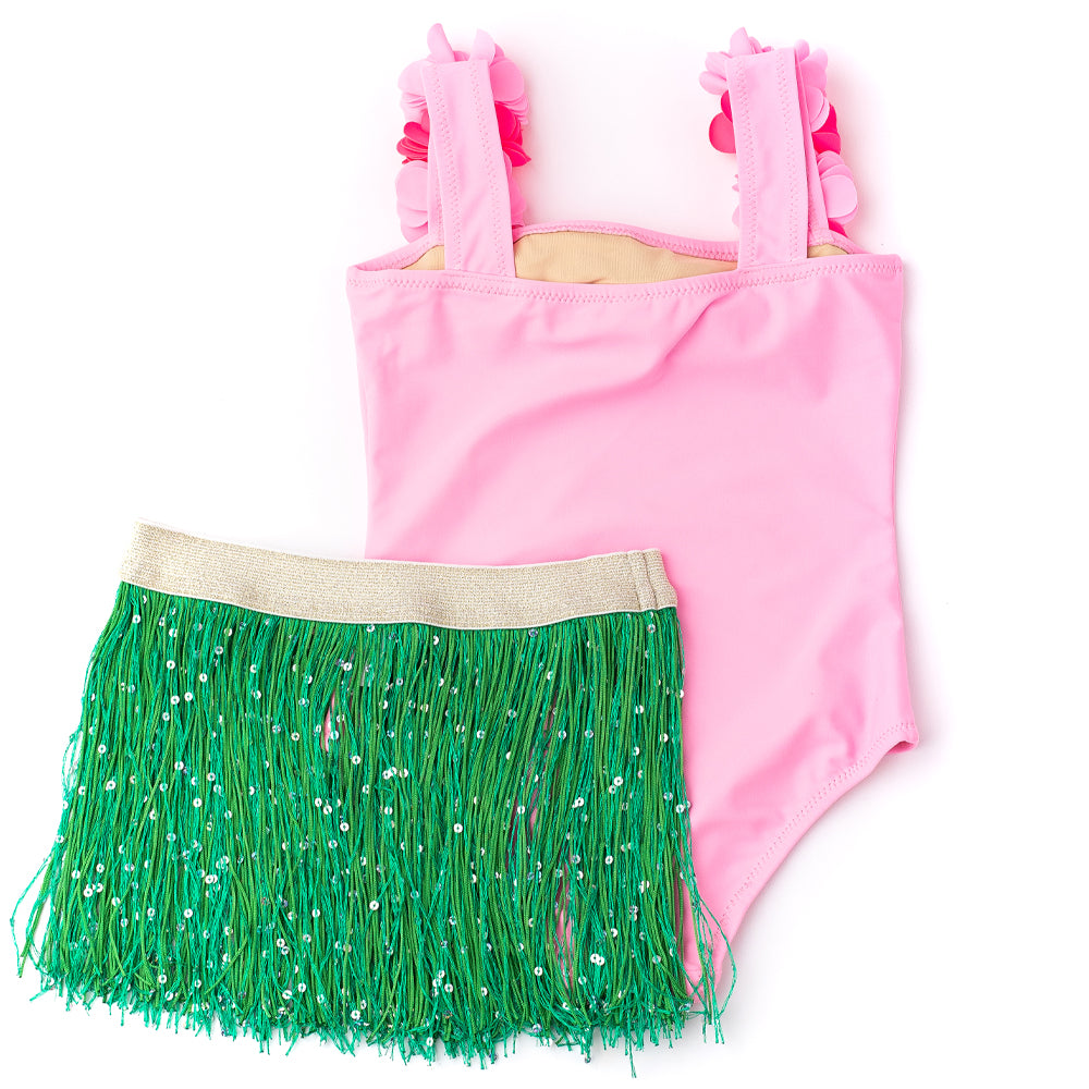 Light Pink Hula Girl Lei One Piece & Fringe Skirt Swim Set