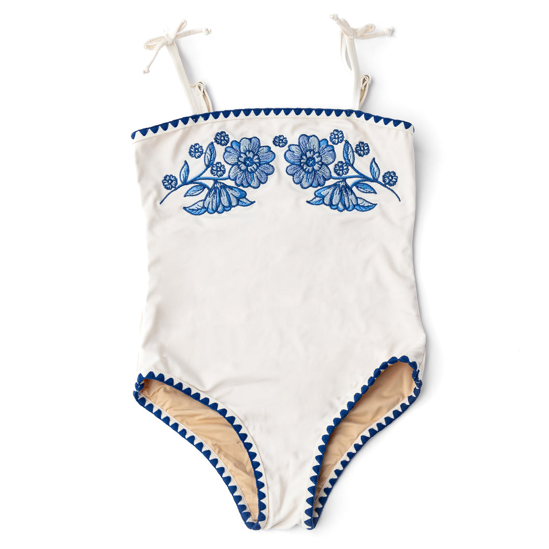 White & Navy Embroidered One Piece Swimsuit
