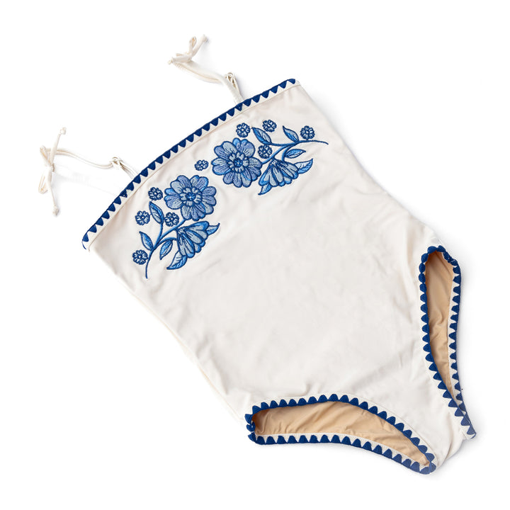 White & Navy Embroidered One Piece Swimsuit