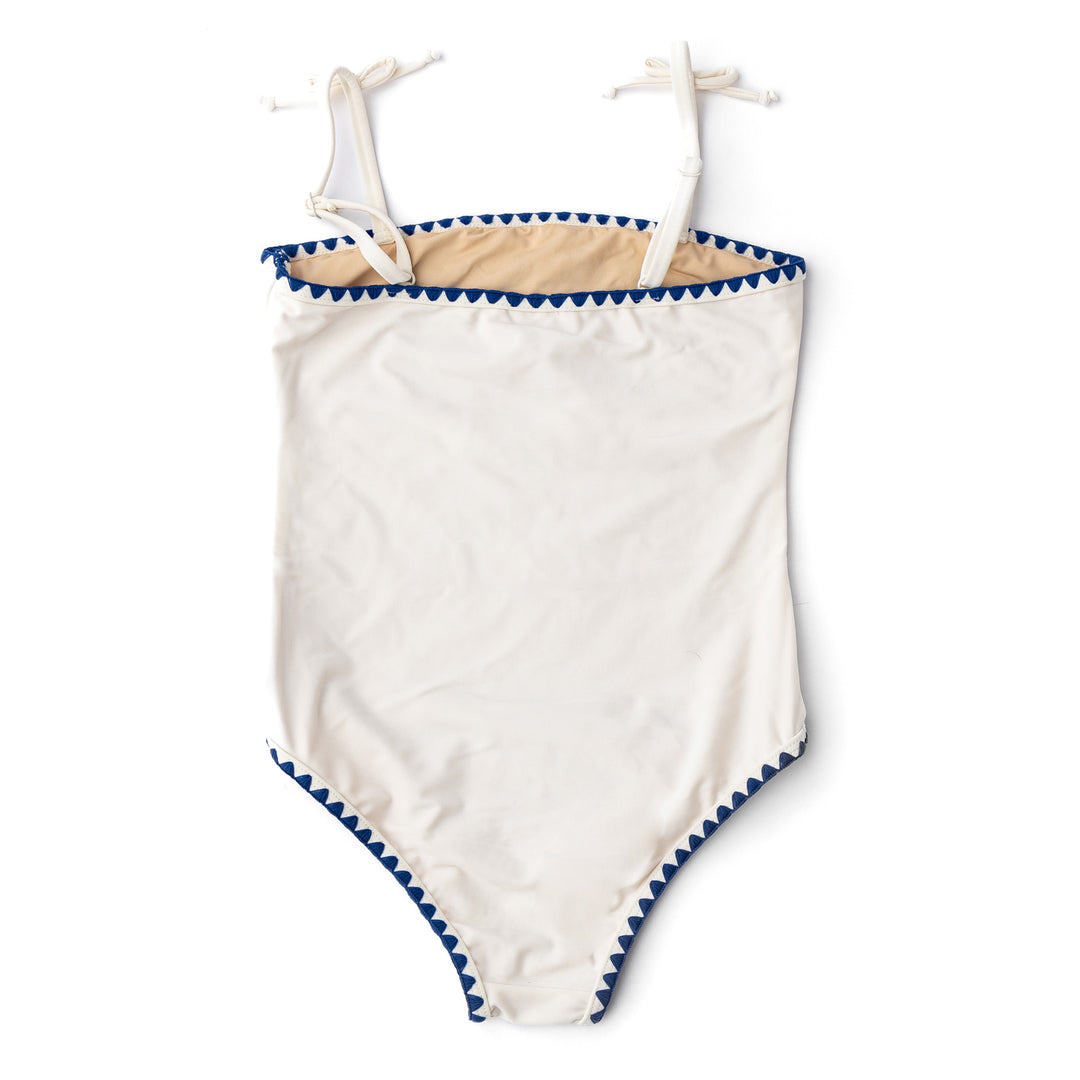 White & Navy Embroidered One Piece Swimsuit