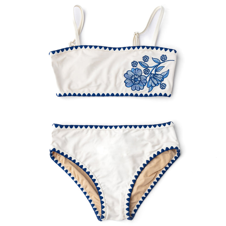 White & Navy Embroidered Two Piece Swimsuit