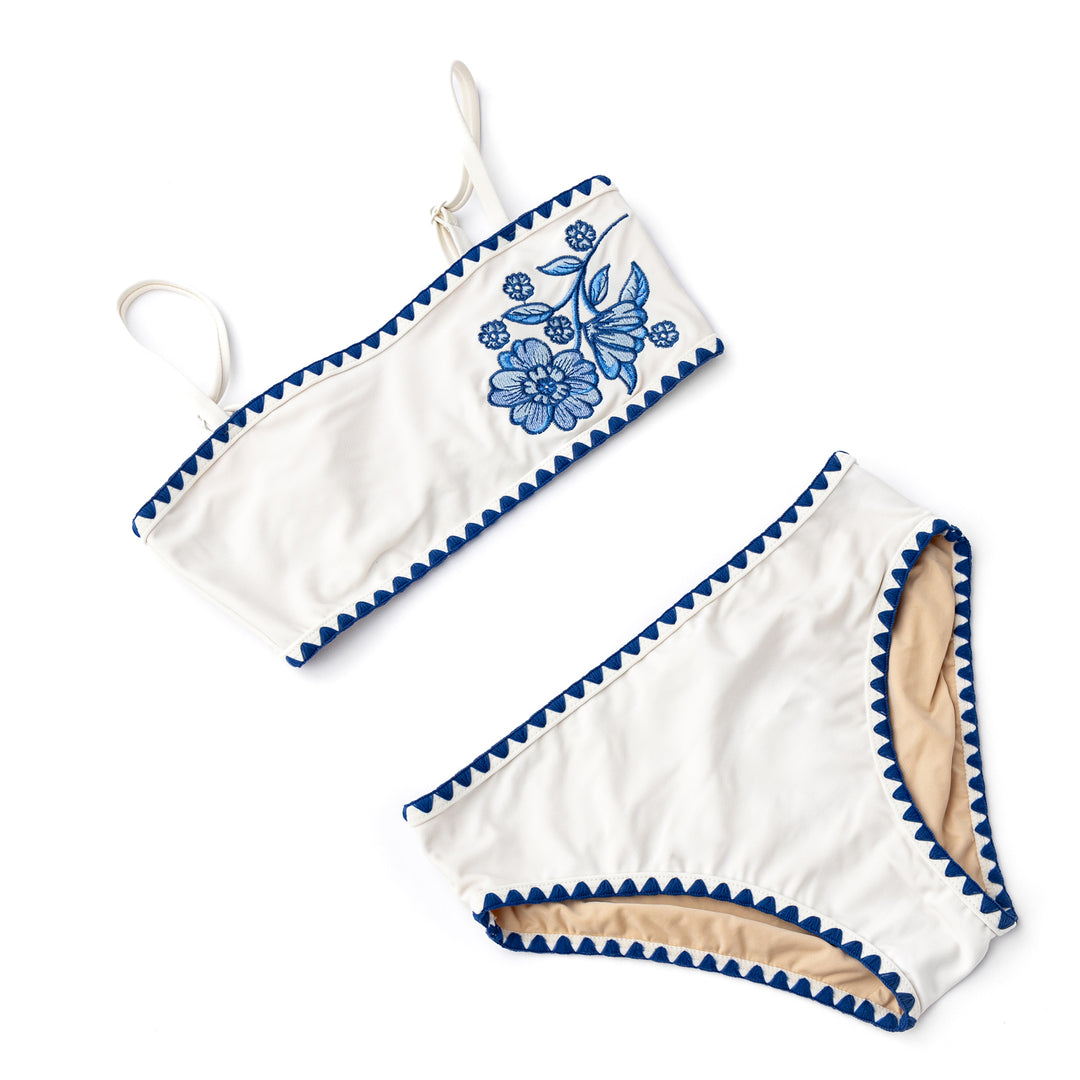 White & Navy Embroidered Two Piece Swimsuit