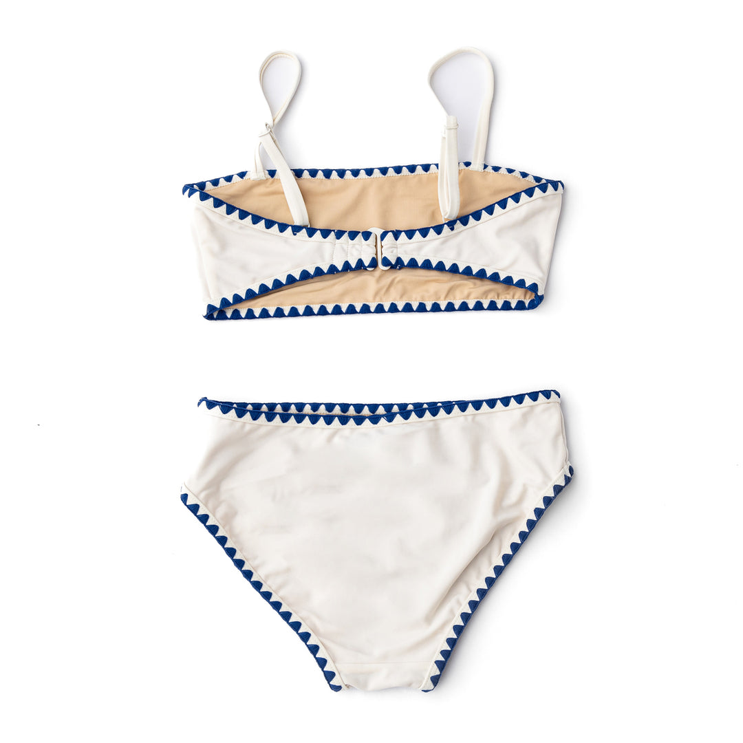 White & Navy Embroidered Two Piece Swimsuit