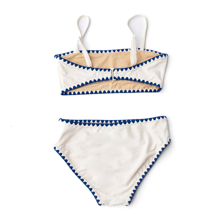White & Navy Embroidered Two Piece Swimsuit