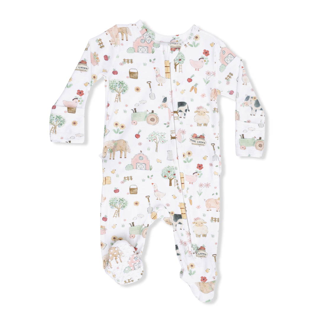 Cute Farm Animals Pink - 2 Way Ruffle Back Zipper Footie